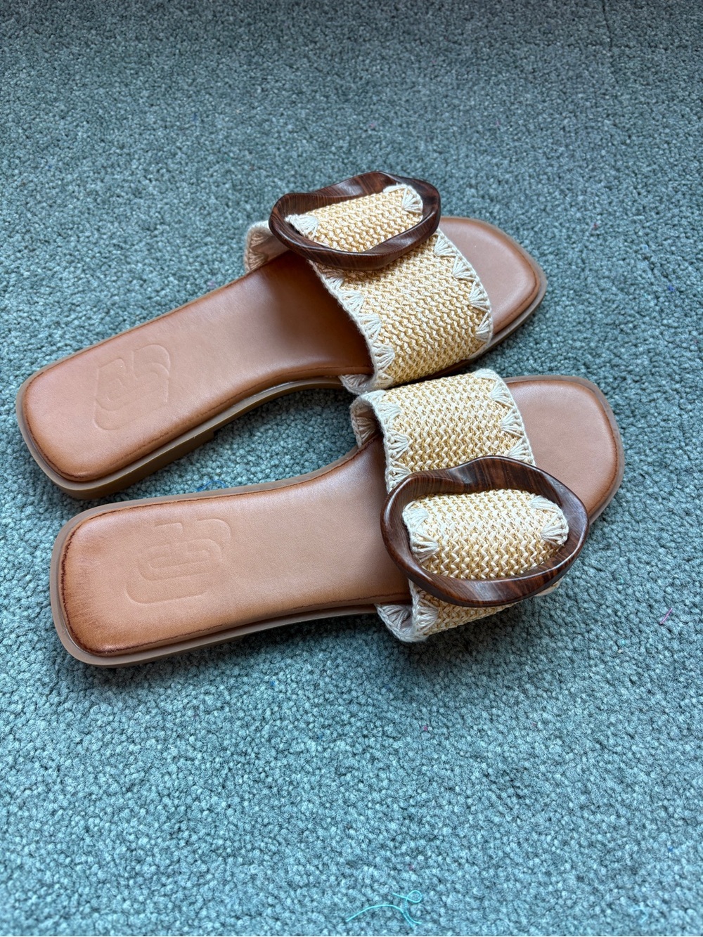 Women's Beige Woven Slide Sandals with Tortoise Buckle